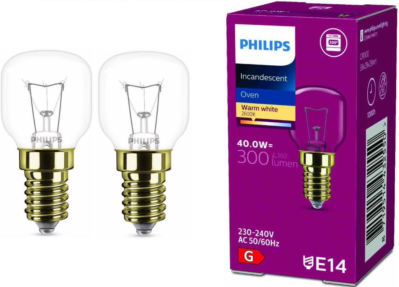 Philips Oven Bulb, E14, 40 W, Teardrop-Shaped, 45 mm Diameter, Temperature-Resistant up to 300°C