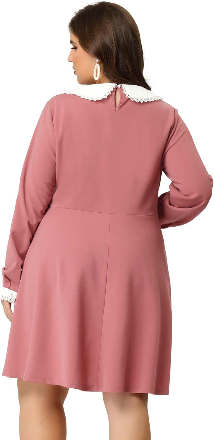 Agnes Orinda Plus Size Dresses for Women Long Sleeve Doll Collars Peter Pan Collar A-line Flare Midi Dress