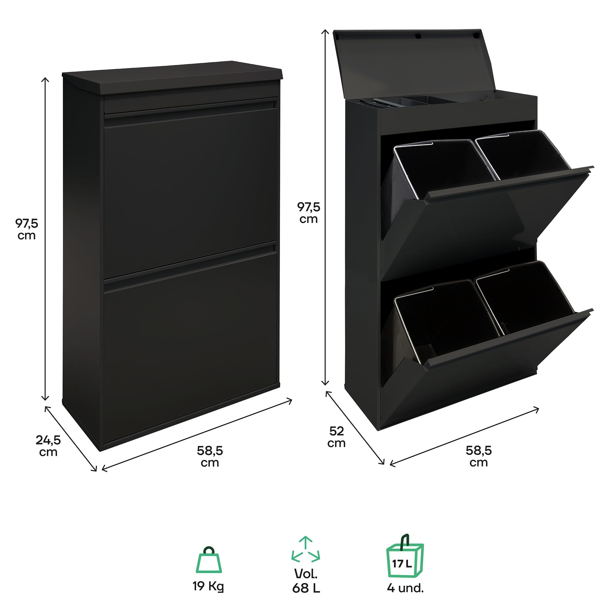 ARREGUI Top CR626-B Poubelle de recyclage en acier, tri sélectif, 4 seaux, 68 L, noir