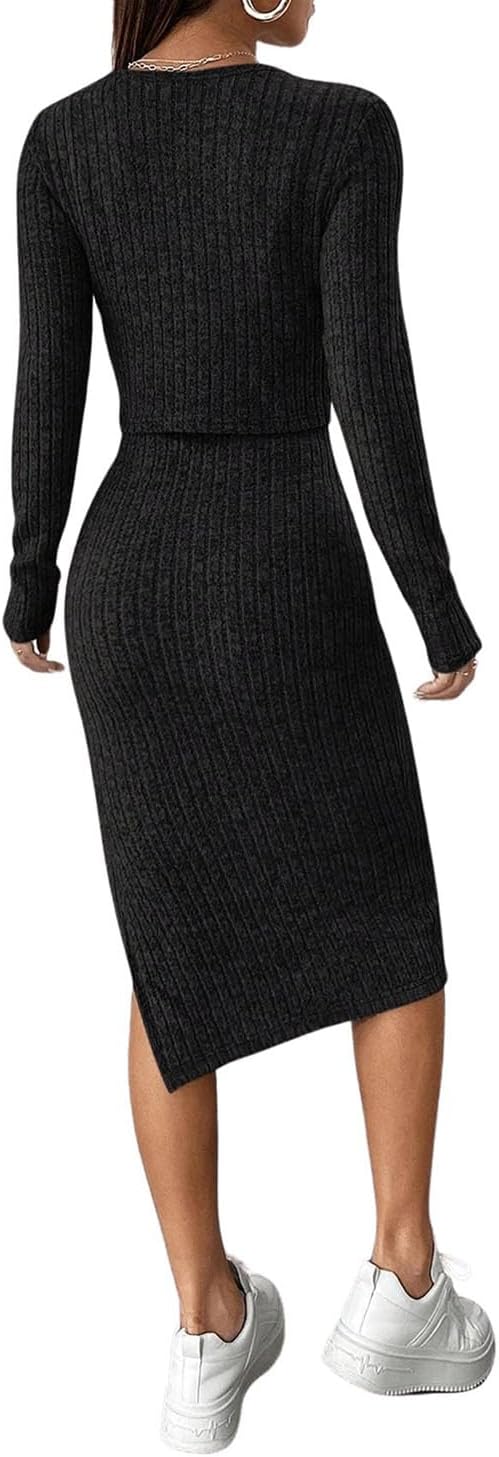 Women's Dress with Jacket Set Ribbed Knit Crop Cardigan Square Neck Bodycon Cami Dress Elegant 2 Piece Sets - Image 2
