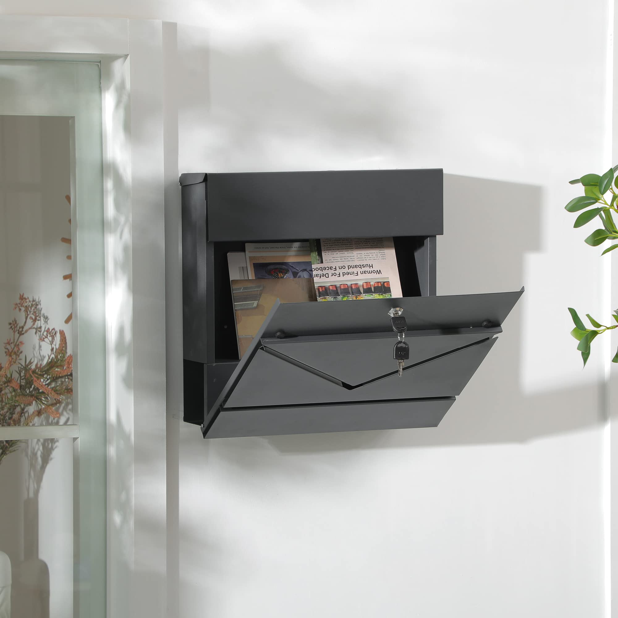HOMCOM Cassetta Postale in Acciaio Zincato con Portagiornali e 2 Chiavi di Sicurezza incluse, 37x10.5x37 cm, Grigio