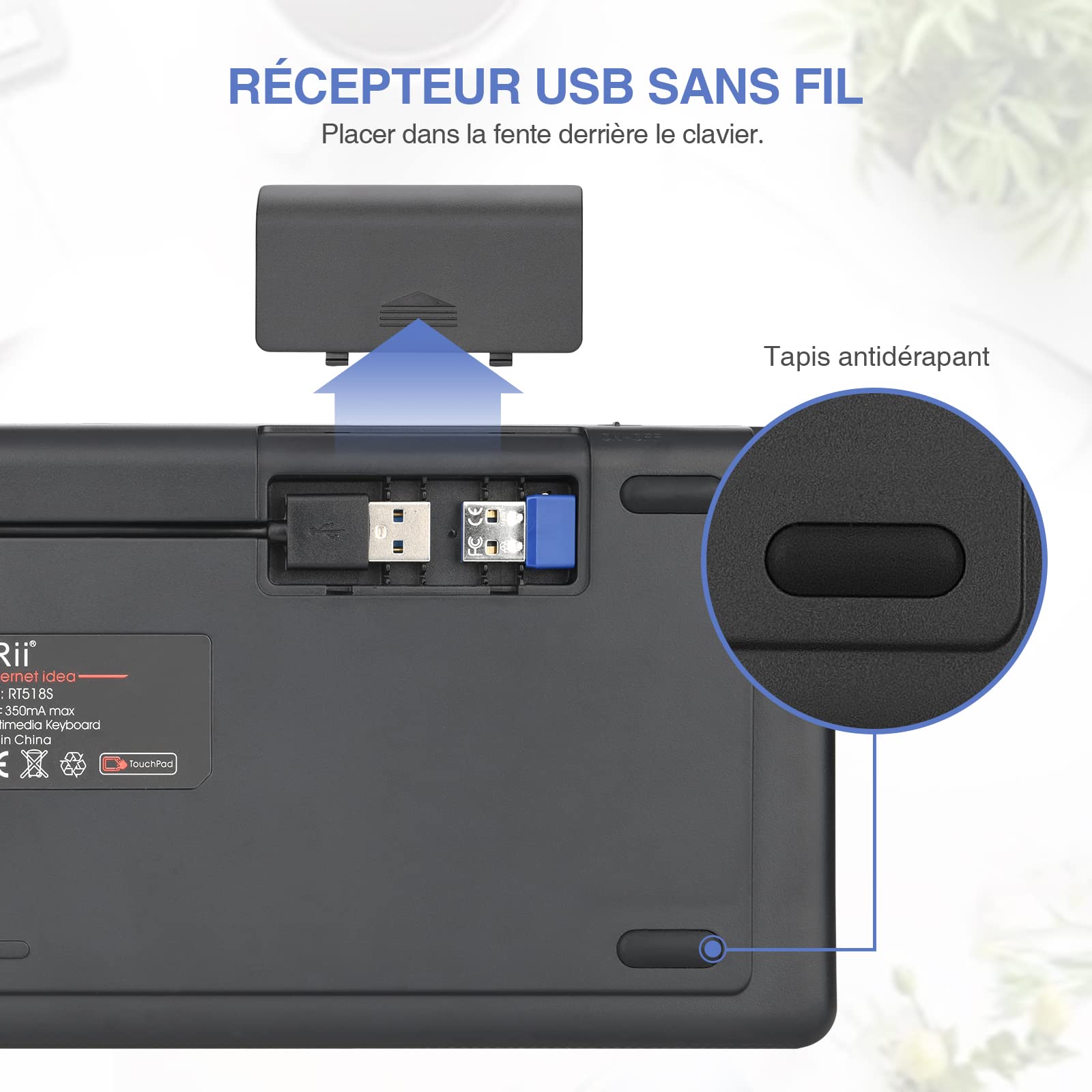 Rii K18S Clavier sans Fil Français (AZERTY) Clavier de Bureau Multi fonctionnel avec Souris Tactile de Grande Taille Intégrée Wireless, Batterie Li-ION Rechargeable (Bluetooth & 2.4 GHz)
