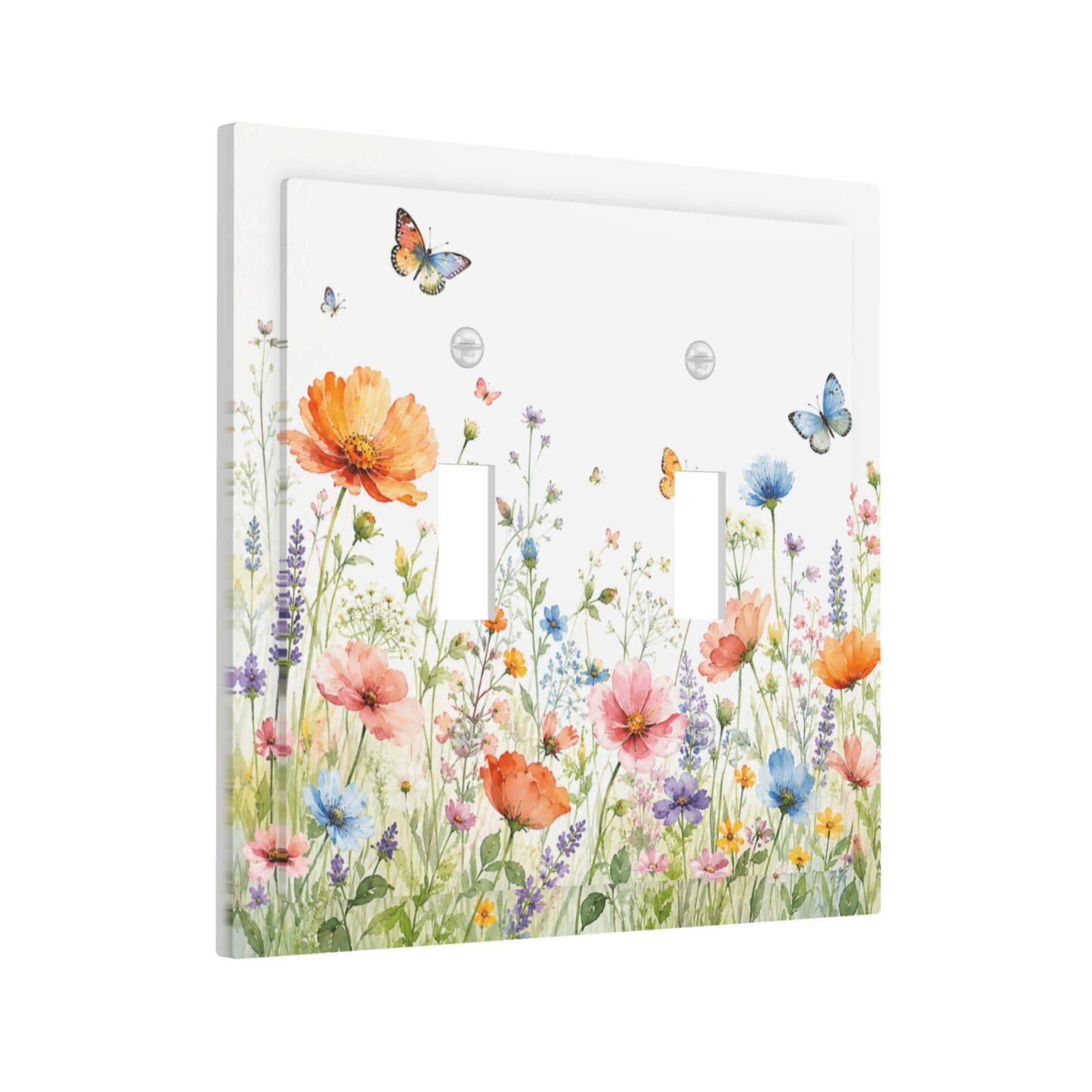 Xuejiaku Watercolor Wild Lavender Butterfly Spring Meadow Floral Decorative Light Switch Cover Plate 2 Gang Outlet Covers Double Toggle Wall Plates For Electrical Switch Plate Covers For Home Decor