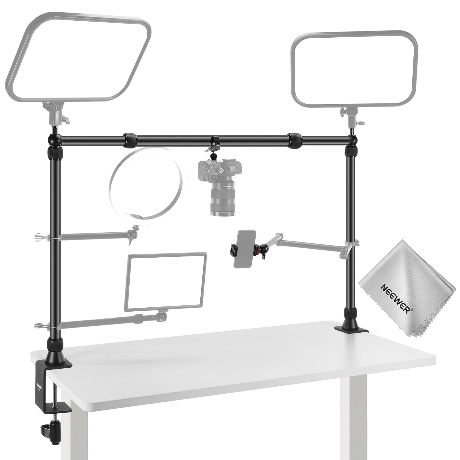 NEEWER NK002 Overhead Camera Mount Rig Platform con Soporte Teléfono/2 Cabezas/Brazos/Super Clamp/Paño para Mic Webcam, Soporte Escritorio Múlti Dispositivo con Ancho Altura Ajustable,Carga 26lb/12kg