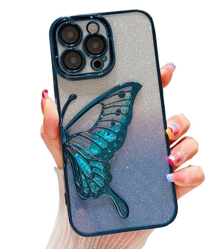 Image of MIDOS Thermoplastic Polyurethane Designed Compatible With iPhone 14 Pro Max Case With Glitter Cute Butterfly Plating Design Aesthetic Women Girls Cover For iPhone 14 Pro Max (Blue)