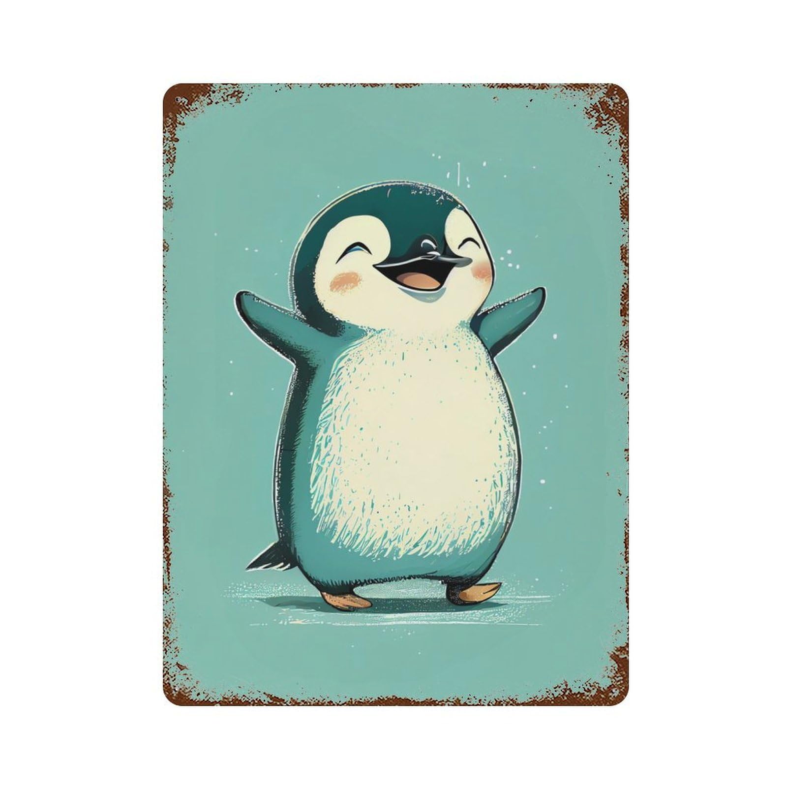 Penguin Happy Vintage Wall Sign 15.7"x11.8", Rust Effect Metal Decor for Basement, Hobby Room And Garage Decor
