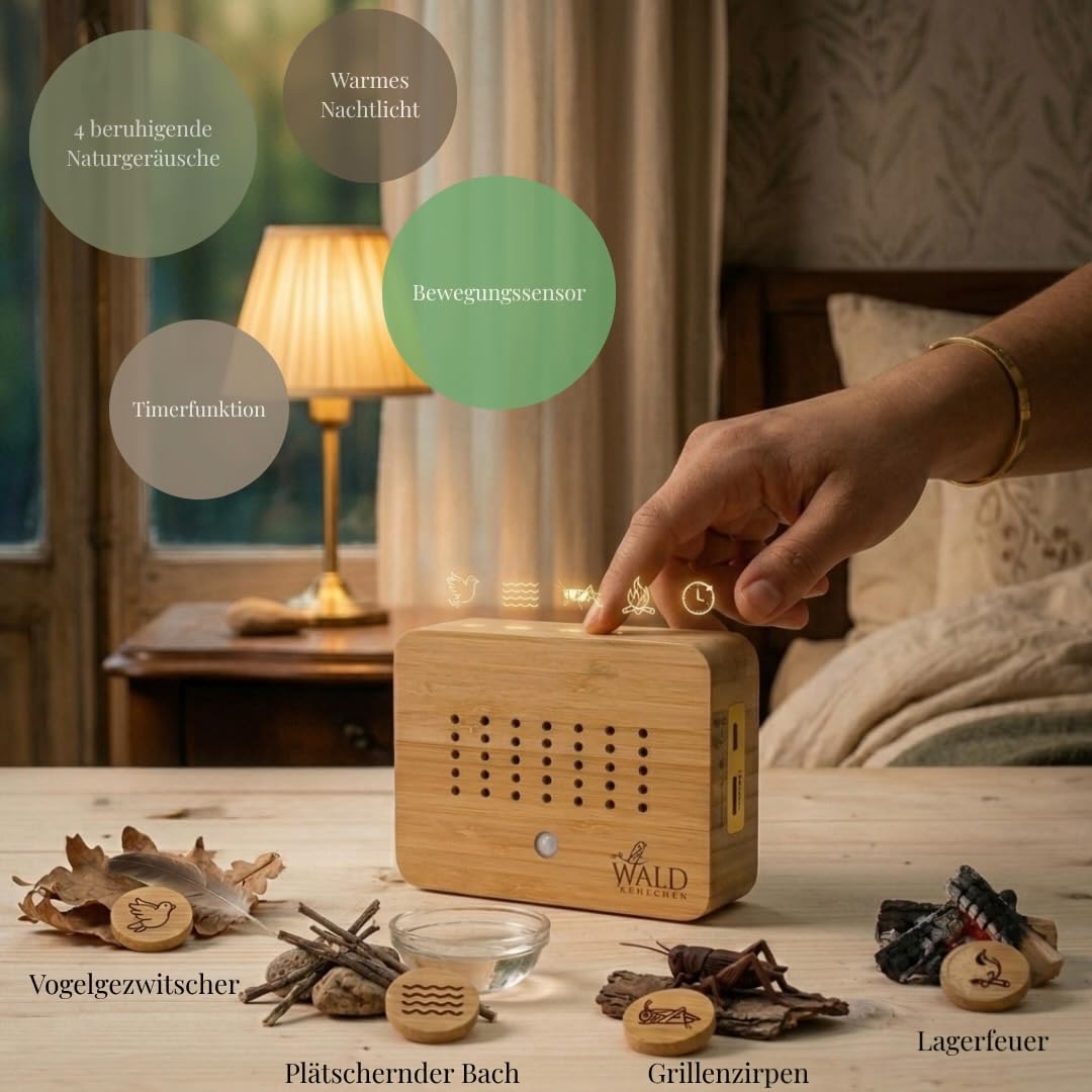 Détecteur de mouvement en bambou véritable - Bruit naturel avec veilleuse douce et fonction tactile - Détecteur de mouvement durable avec minuterie