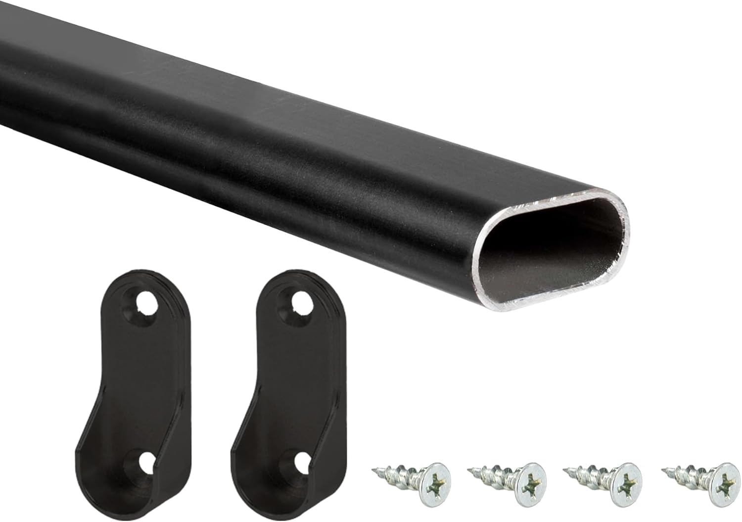Custom Cut To Size Outwater Aluminum Oval Closet Rod Kit - 11-3/4" to 93-3/4" - 1-3/16" x 19/32" Profile with Matching Screw Mount Supports and Mounting Screws (Black, 73" - 93-3/4")
