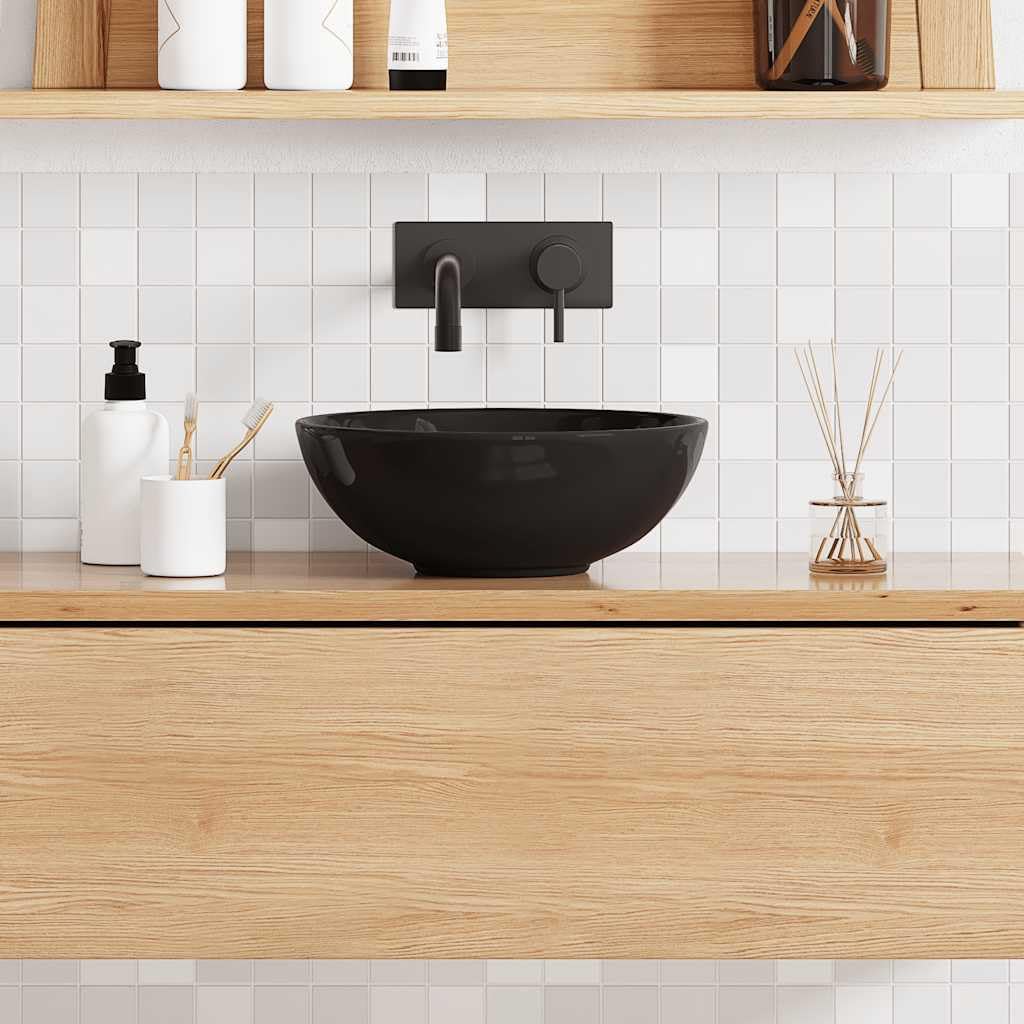 Lavabo nero lucido, diametro 28 x 10 cm, in ceramica, per bagno e cucina, moderno, con sifone di scarico e tappo per WC degli ospiti e lavandino