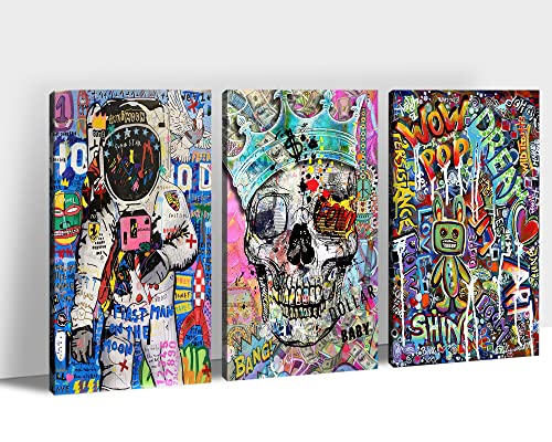 Graffiti Wall Art - Street Art Canvas Graffiti, 3 Pieces Wall Art Graffiti, Colorful Graffiti Pictures Astronaut Canvas For Bedroom Decor, Pop Art Wall Decor, Framed Artwork For Home Decor (12X18X3) #TOP25
