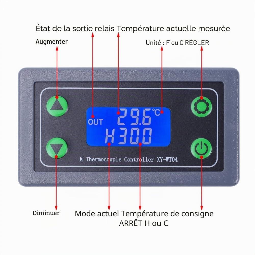Thermostat Numérique Haute Température de Type K XY-WT04,-99-999 Degrés avec Capteur de Température a Thermocouple de Type K de 1 M,Affichage LCD,Contrôleur de Commutateur de Relais 10A