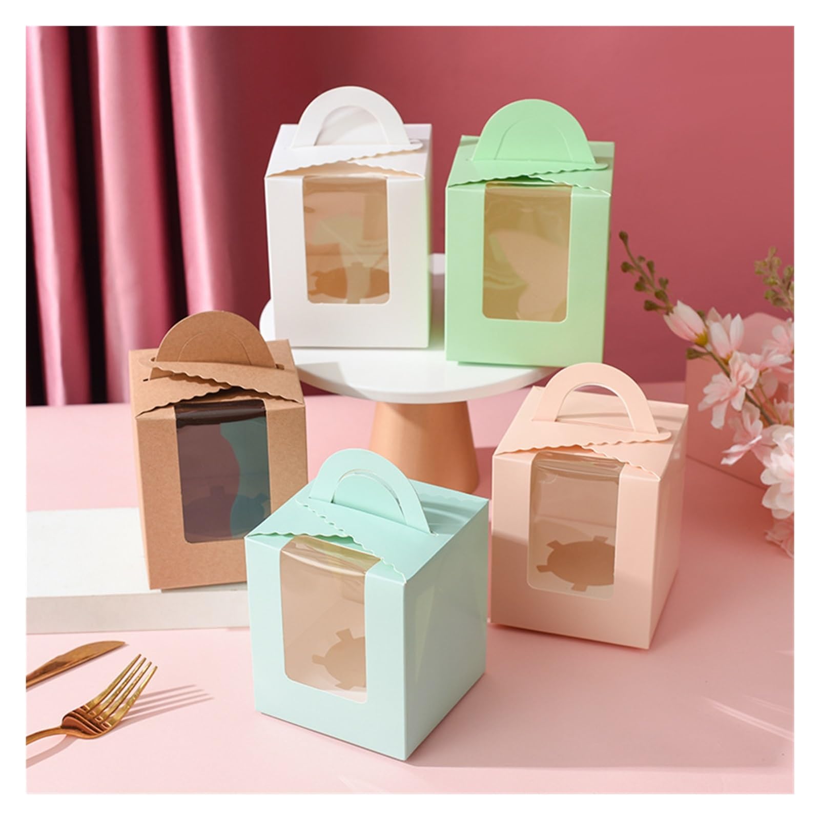 Cajas Para Cupcakes 50 Uds. Caja de papel Kraft for pasteles de 93x93x110mm con ventana de Pvc, caja de embalaje for galletas y cupcakes, caja de embalaje de regalo de Papel Kraft para Caja De Pastele