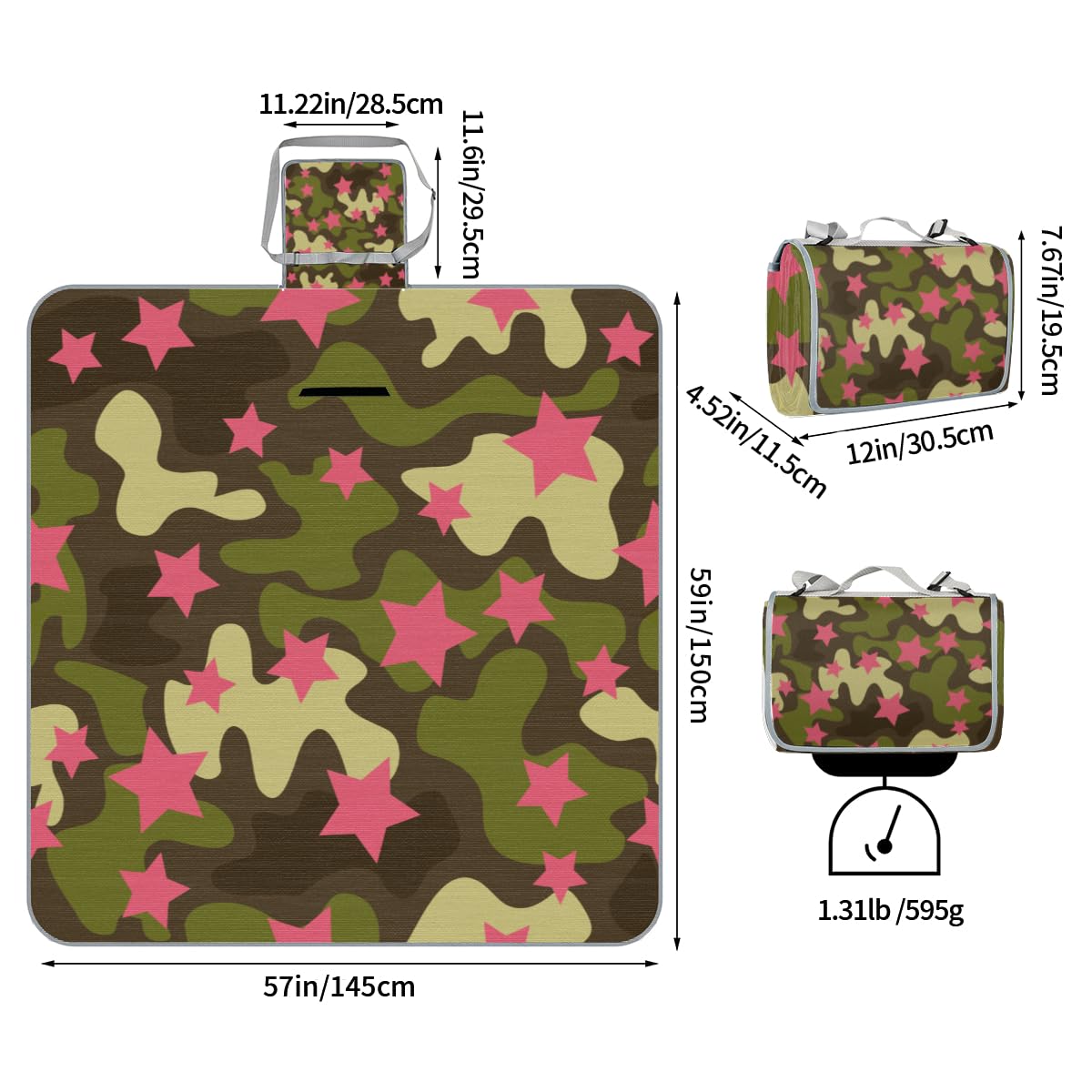 Shimoshe Picnic Blankets 57”x 59”, Pentagram Pattern Waterproof Sandproof Picnic Mat Lightweight Foldable Beach Blanket for Camping Park Grass Beach Outdoor Blanket