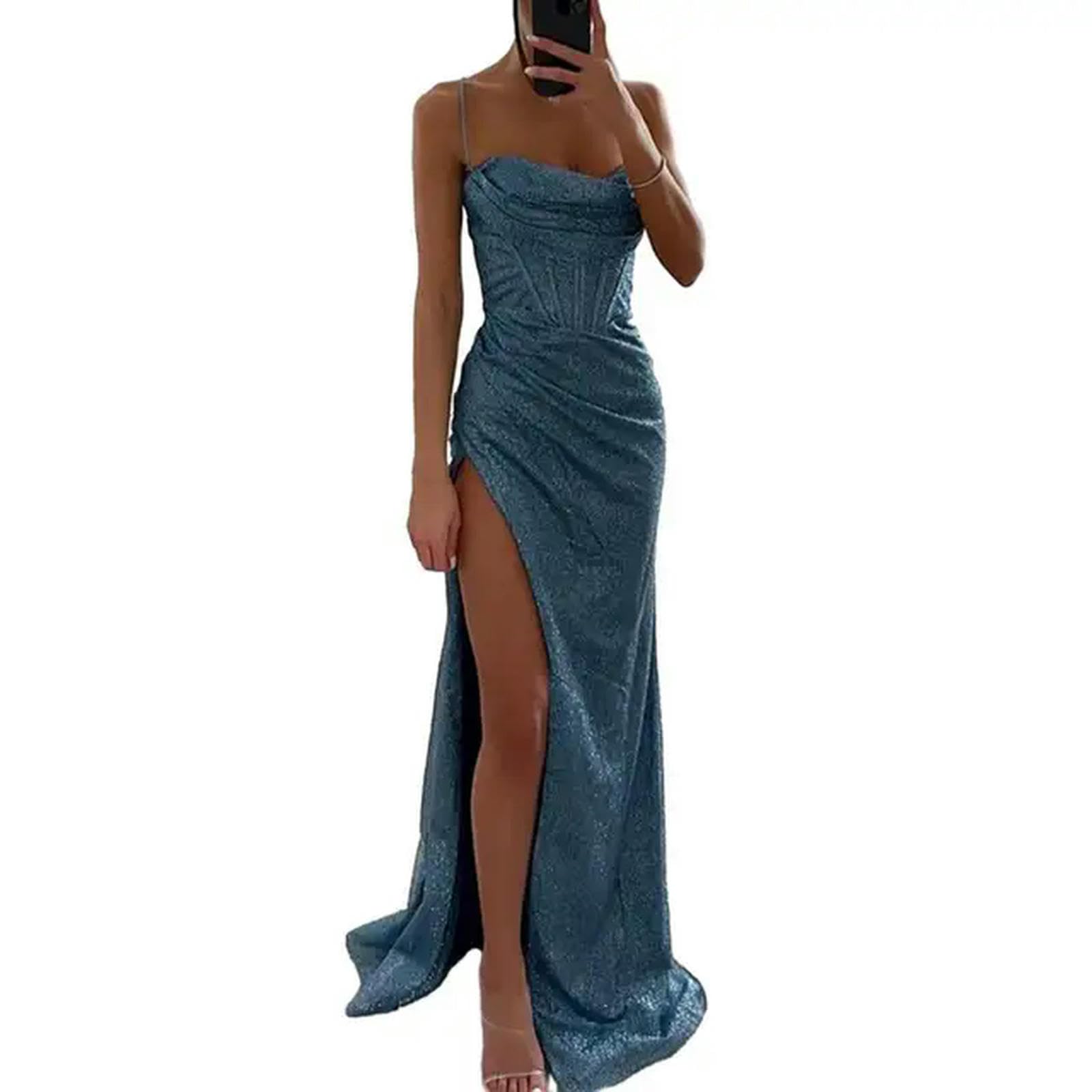 Gyios dress Women Polyester Maxi Dress Elegant Sequin Spaghetti Strap  Evening Dress With Off Shoulder High Split Loose High For Lady-blue-l :  Amazon.co.uk: Fashion