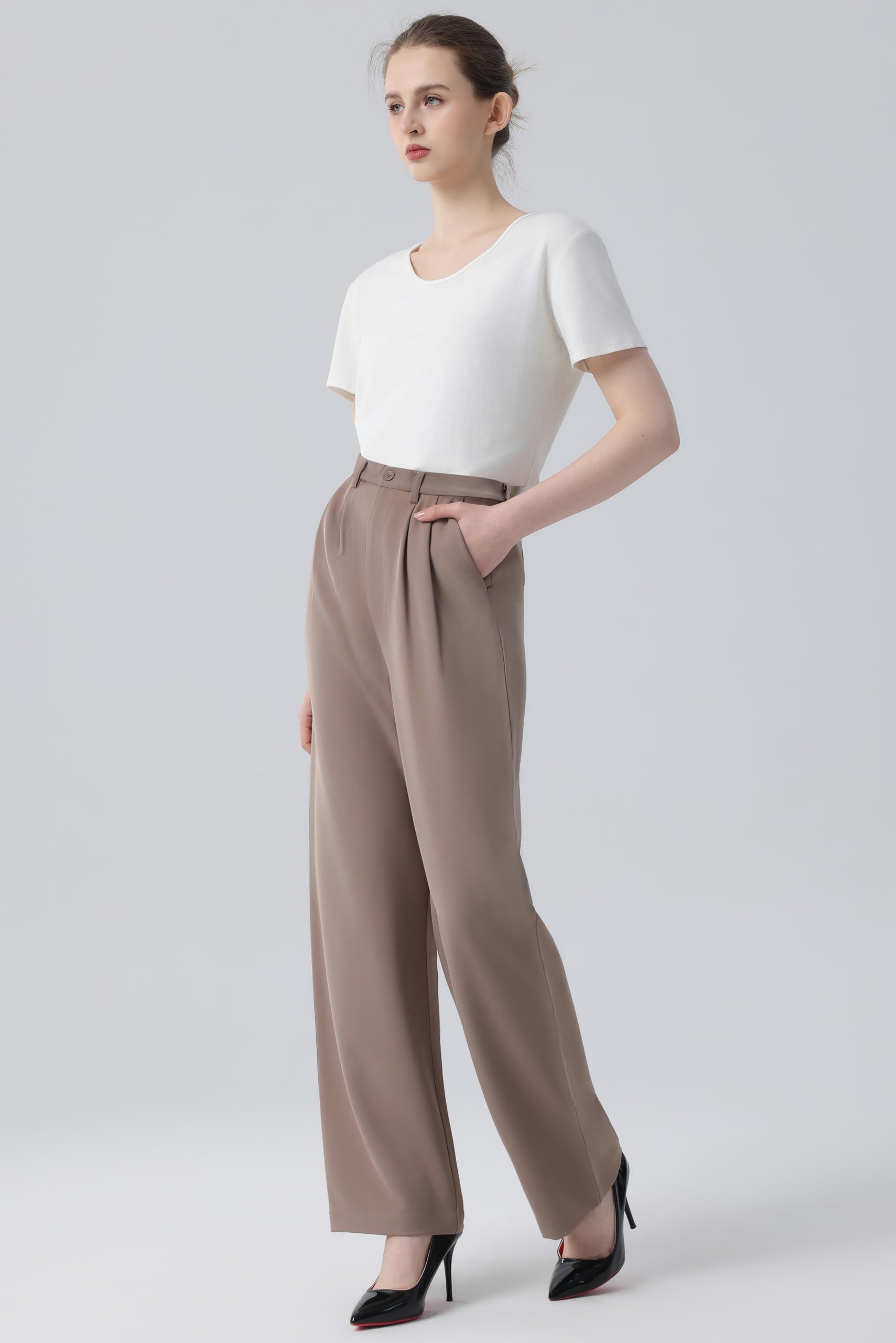 Tronjori Pantaloni da donna a vita alta casual a gamba dritta pantaloni da lavoro per ufficio pantaloni da lavoro pantaloni da tuta con elastico in vita