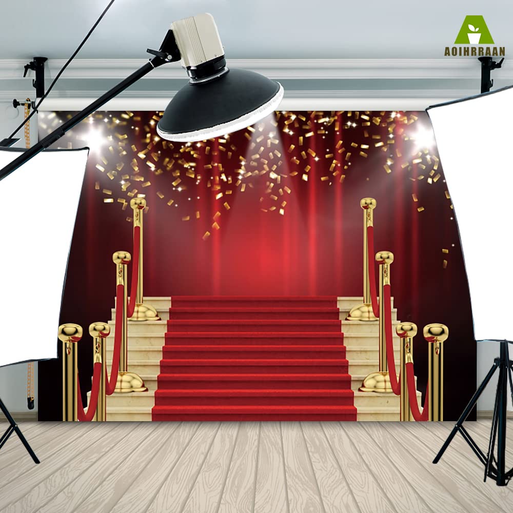 Aoihrraan 2,2x1,5m Red Carpet Stage Photography Backdrop Gold Sequins Stairs Curtain VIP Guest Catwalk Event Background Awards Ceremony Prom Party Grad Decoration Vlogger Portrait Photo Studio Props - Image 4
