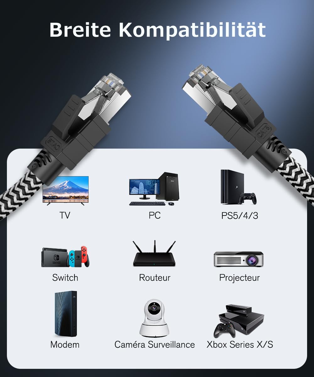 Kabel Ethernet Cat 8 Kabel Sieciowy,15M Nylonowy Pleciony 40Gbps 2000MHz Szybki Kabel LAN, S/FTP Zabezpieczony Miedźmi RJ45 Kabel, Odpowiedni dla Ps5/laptopa/routera/gry/modem