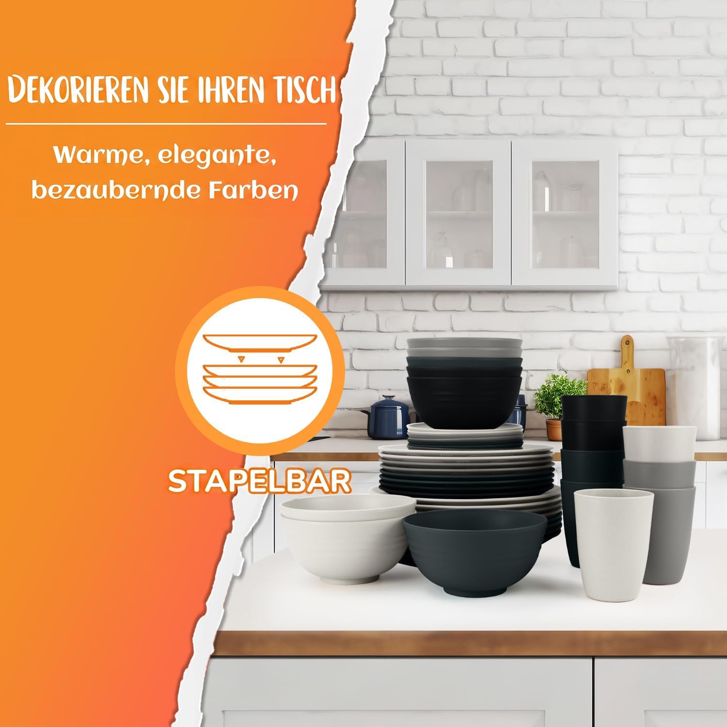 Wrova Set di stoviglie in plastica, 40 pezzi, leggere, per 8 persone, riutilizzabili, lavabili in lavastoviglie e adatte al microonde, servizio da tavola per cucina, matrimonio, grigio pietra