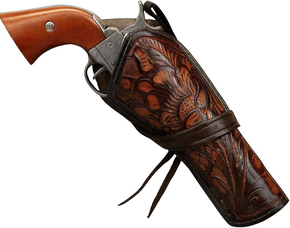 TJAYZ 44/45 Caliber Right Hand Western Cross Draw Holster, Tooled Leather Revolver Holster, Fits Pistols up to 6" Barrel Flush with Open End for Longer Revolvers, SASS, CAS