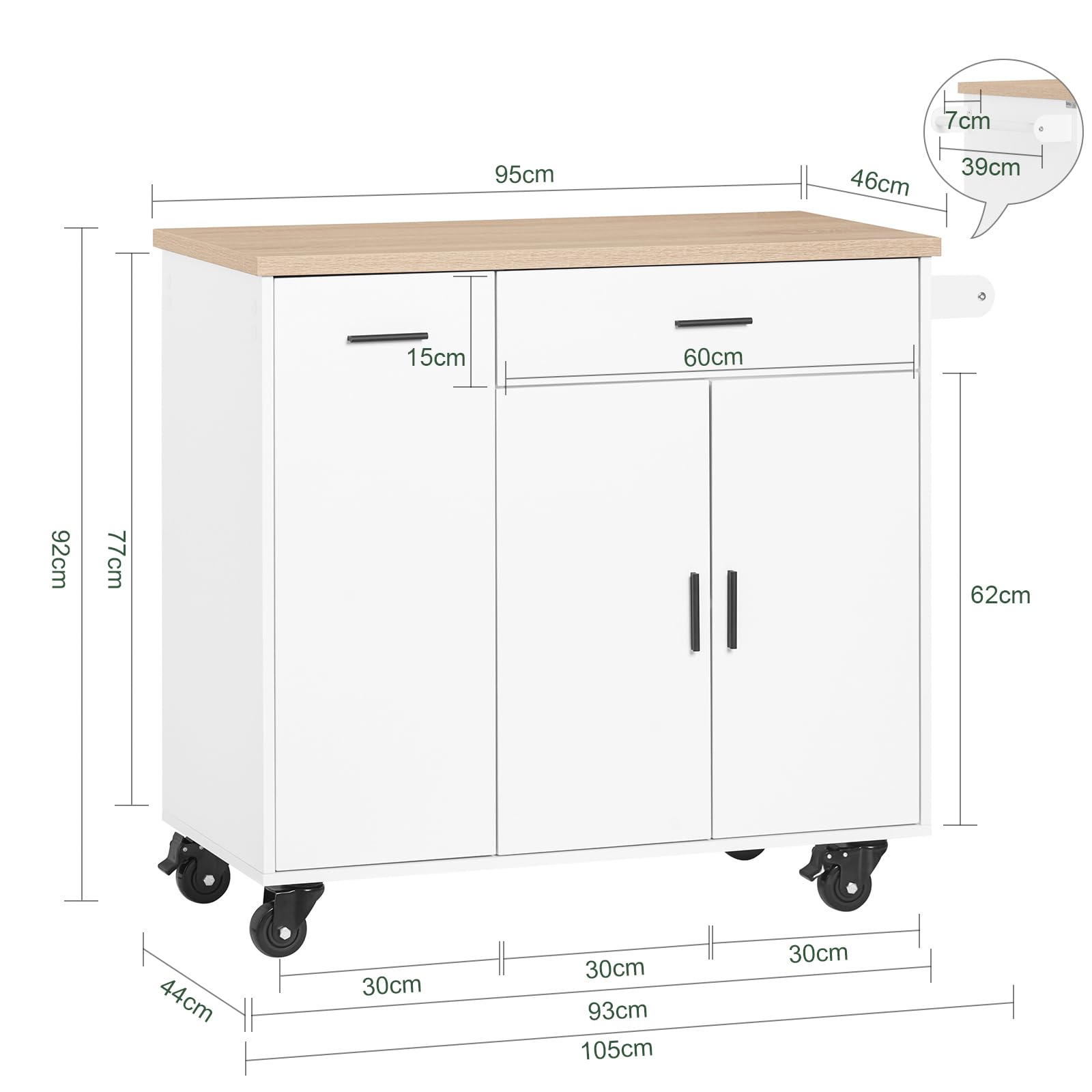 SoBuy Carrello Cucina Isola Cucina con Ruote Mobile da Cucina Salvaspazio con Cassetti, Penisola Cucina con Piano Lavoro - Mobile Cucina con Ruote Portatutto Bianco 105x46x92 cm FKW126-WN