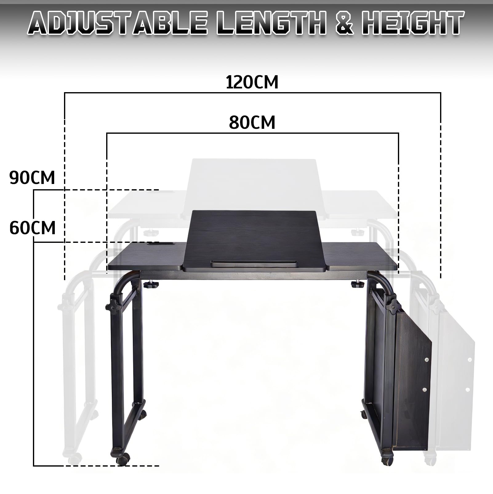Mesa para cama superior con ruedas, mesa de aseo, altura regulable 60-90 cm, ancho ajustable 80-120 cm, con tablero inclinable y caja de almacenamiento, carrito portátil para cama, sofá u