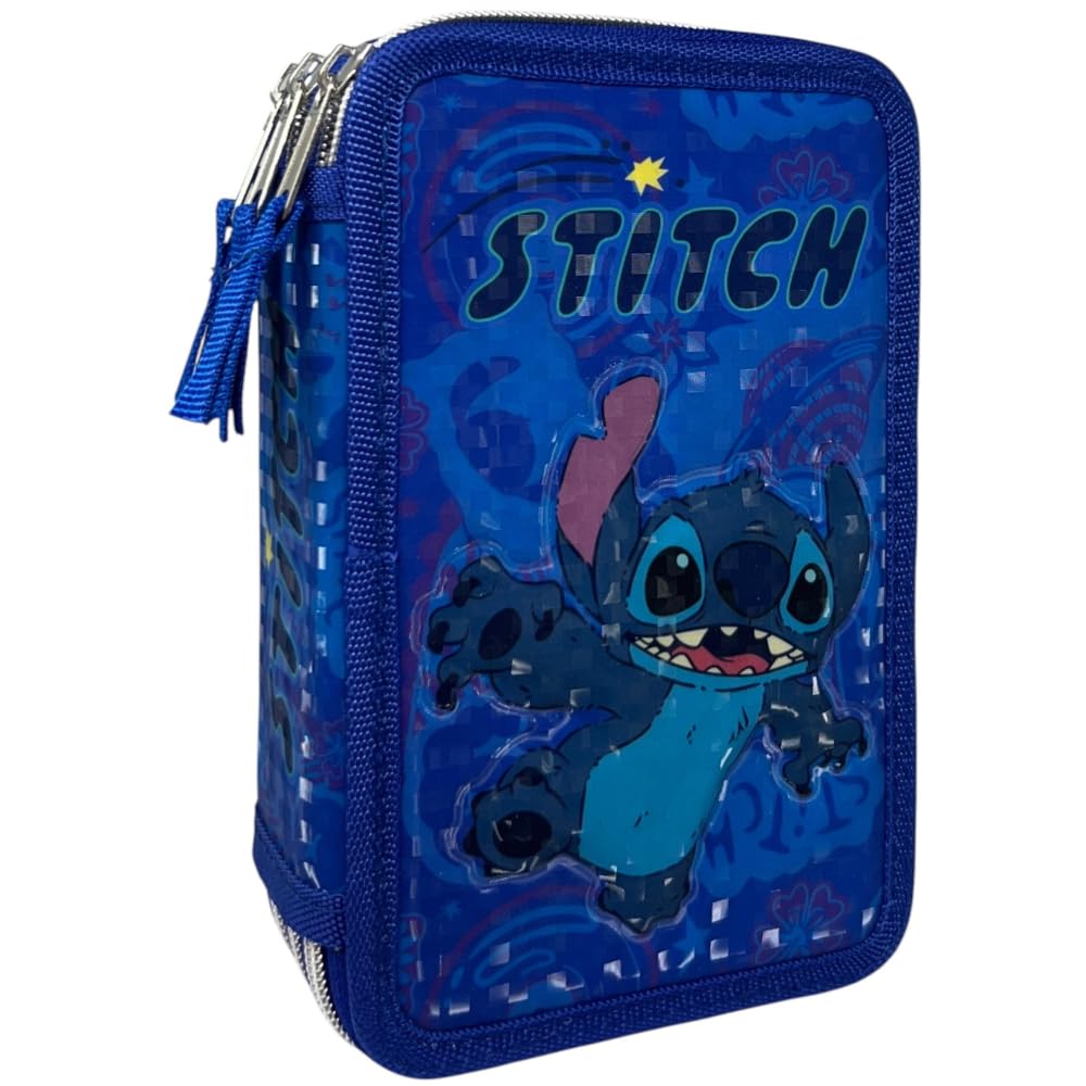 CARTOON 3 Zip Pencil Case for School Complete 44 Pieces Stationery Pen Papermate Markers Giotto Accessory for Kids and Teens, Stitch, 20 x 13 x 6 cm, Pencil Cases - Image 2