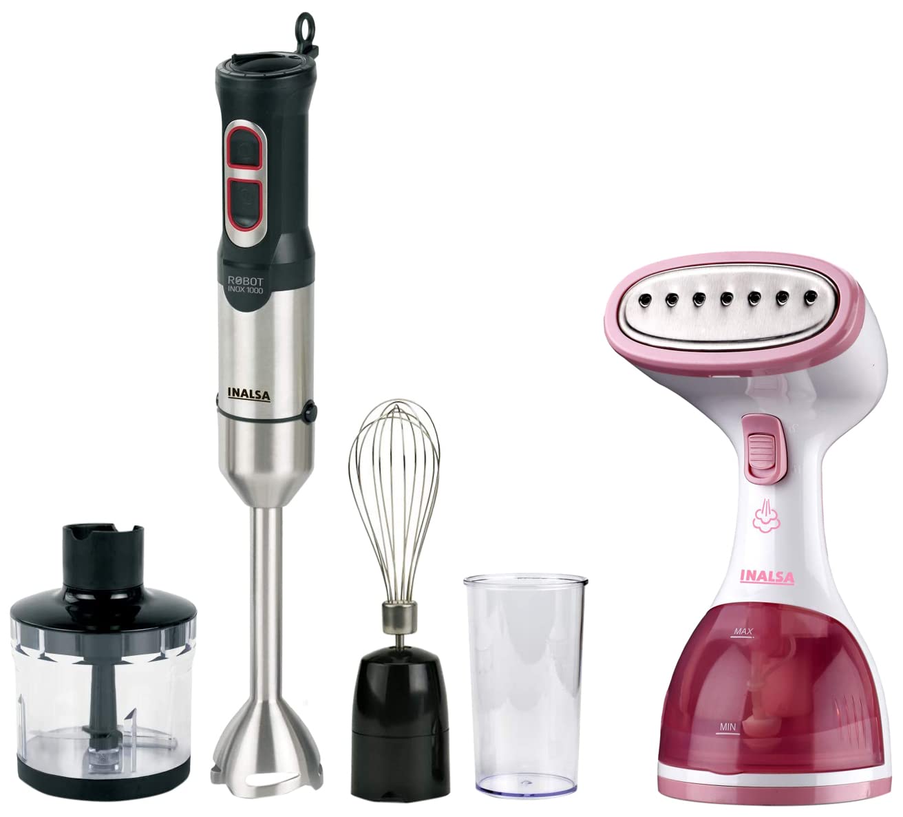 Inalsa Robot Inox 1000, 1000 Watt Hand Blender with 600 ml Multipurpose Jar, Variable Speed, LED Light, 2 Year Warranty (Silver/Black) & Inalsa Steamax 1200-Watt Garment Steamer-image-29