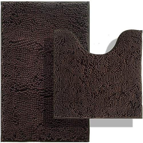 Image of BOANKODU Bathroom Mat Sets 2 Piece, Absorbent Non-Slip Very Soft Chenille Mat, 32x20 Inch + 20x20 Inch U Shape, Machine Washable (Coffee)