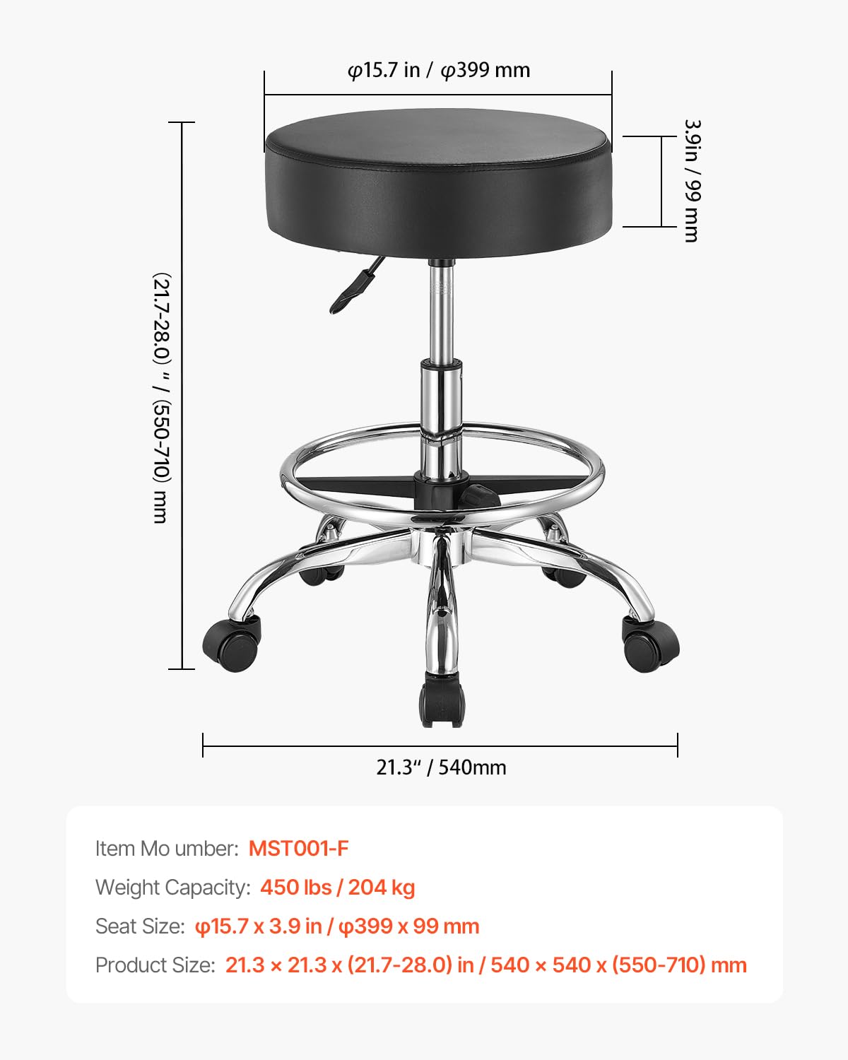 VEVOR Sattelhocker Rollhocker 204 kg belastbarer höhenverstellbarer (55-71 cm) Drehhocker Arbeitshocker mit Rückenlehne & Fußstütze, PU-Leder-Drehsattelstuhl für Salon Spa Massage Klinik Schwarz