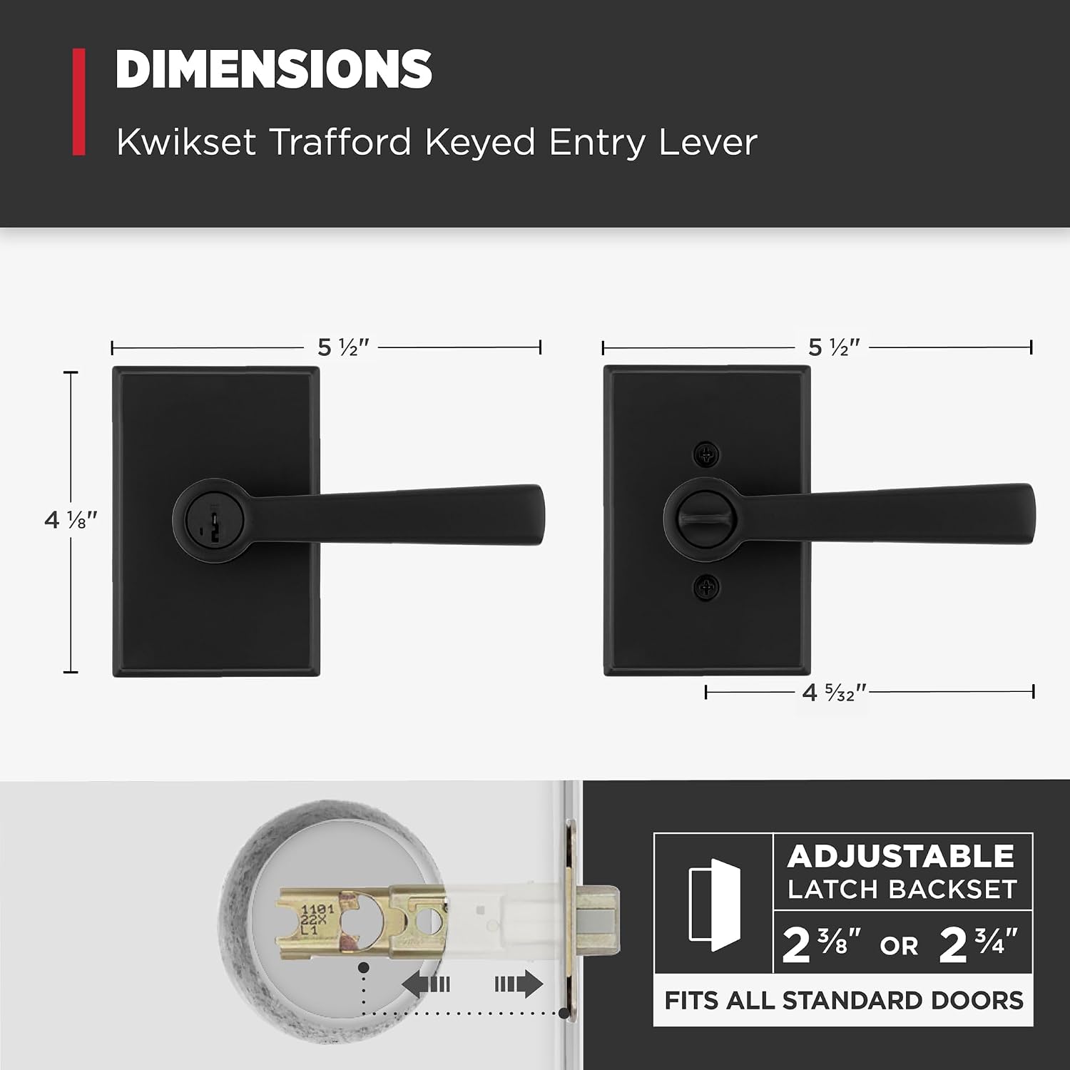 Kwikset Trafford Rectangle Keyed Entry Door Knob with Lock and Key, Secure Keyed Handle Exterior Doorknob, Front Entrance and Bedroom, Matte Black, Pick Resistant SmartKey Rekey Security