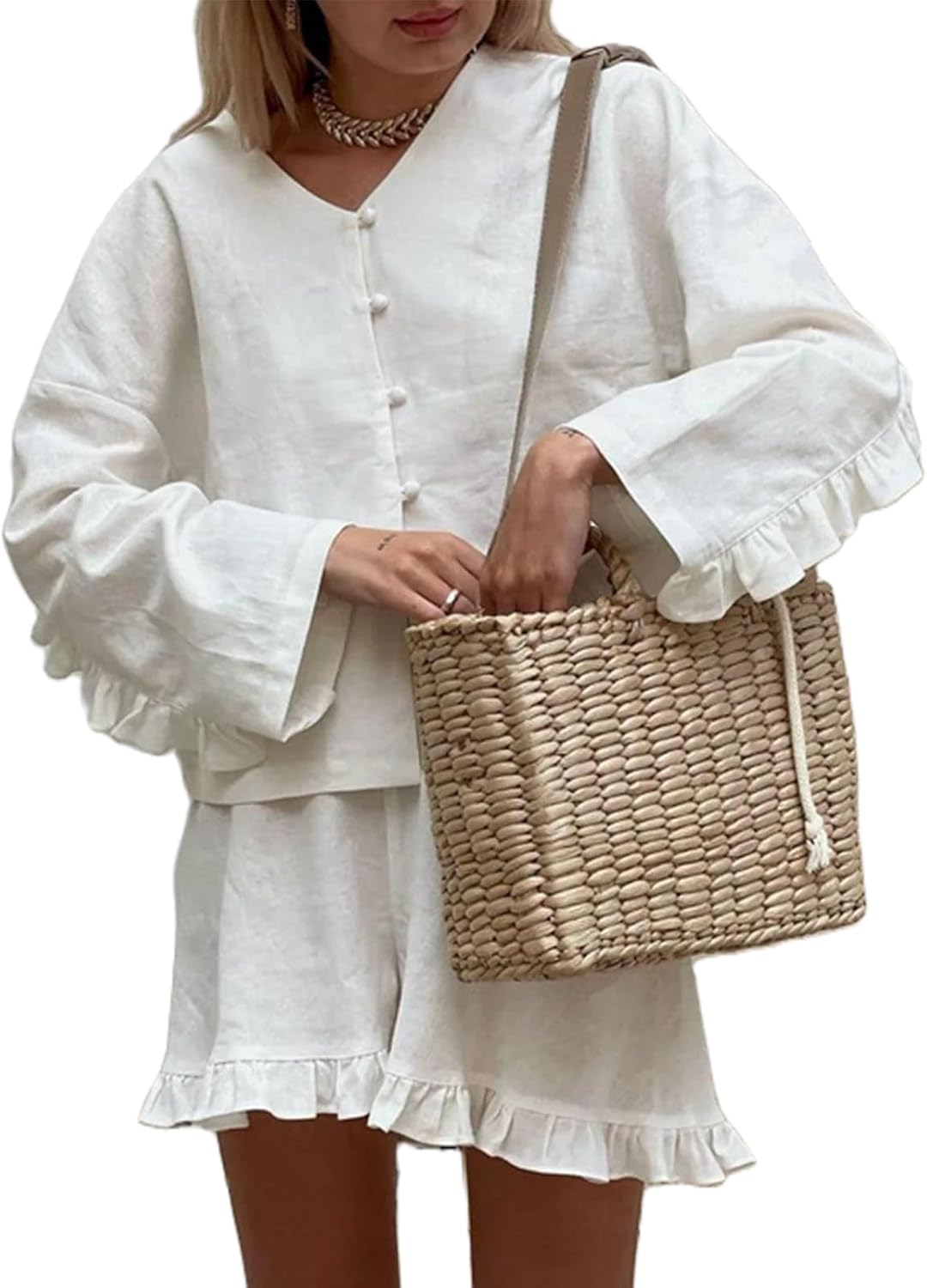 XBTCLXEBCO Linen Shorts Outfits Women 2 Piece Set Tie Front Long Sleeve Shirt and Ruffle Shorts Lounge Matching Set Tracksuit