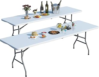 2 Pack Foldable Table 8ft, Plastic Folding Table, Portable Heavy Duty Dining Tables with Lock Function & Carrying Handle, Outdoor Indoor Foldable White Tables for Camping Party Picnic, White