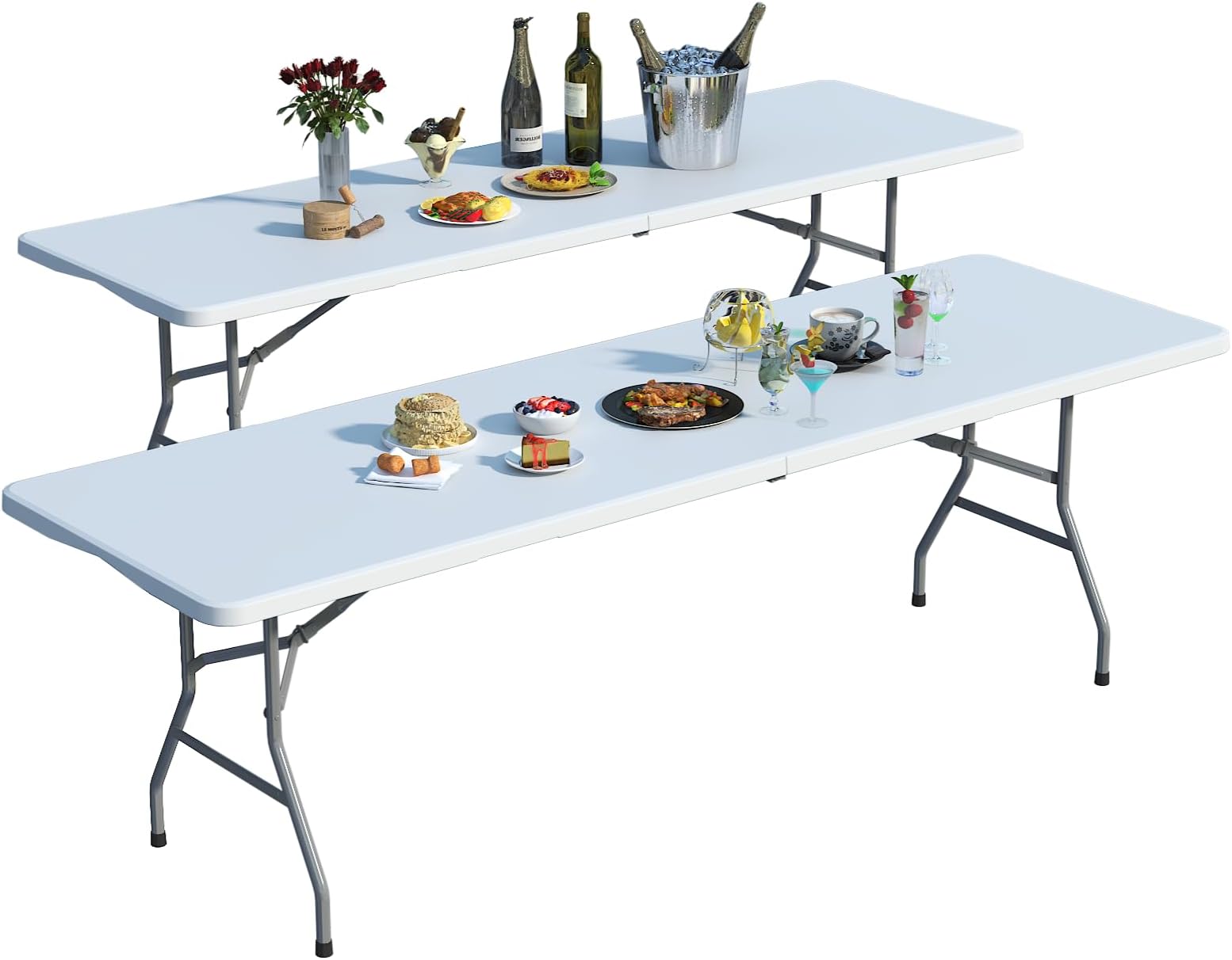 2 Pack Foldable Table 8ft, Plastic Folding Table, Portable Heavy Duty Dining Tables with Lock Function & Carrying Handle, Outdoor Indoor Foldable White Tables for Camping Party Picnic, White