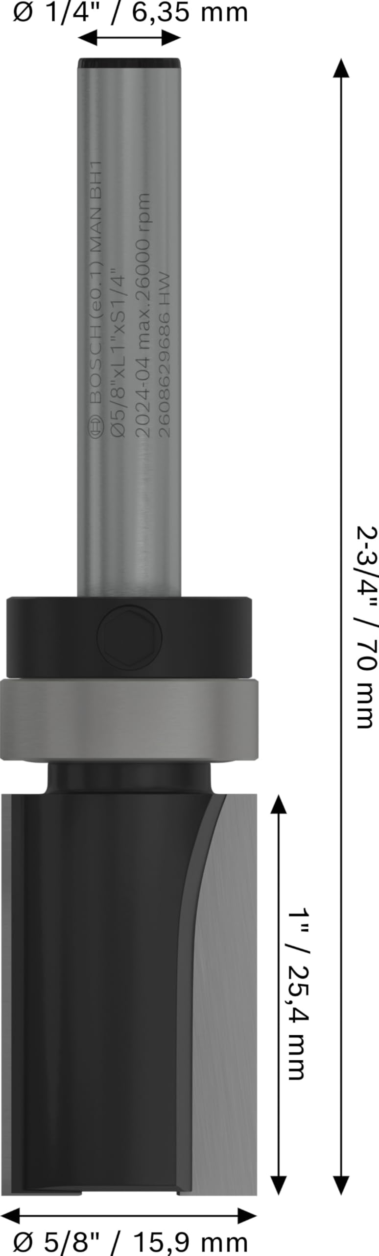 Bosch 1x Frez prosty PRO z łożyskiem kulkowym na górze (do Miękkie drewno, Twarde drewno, Ø 15,9 mm, Professional Akcesoria Frez ręczny, Frez krawędziowy)