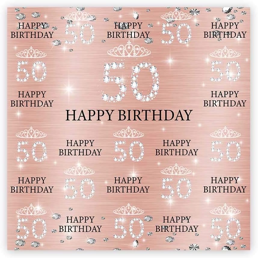Funnytree 6x6ft Rose Gold Pink 50th Birthday Photography Backdrop Crown Women Step and Repeat Diamonds Glitter Shiny Background Fifty Years Old Age Elegant Lady Party Decoration Banner Photo Booth