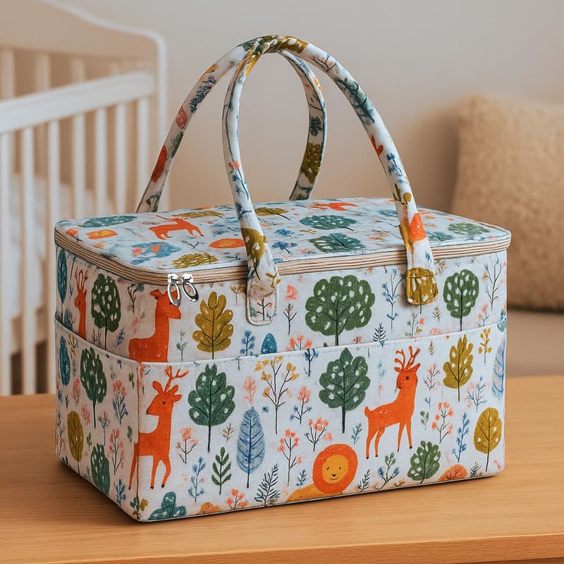 MetDeals Printed Felt Baby Diaper Caddy Bag with Zip Cover & Handle with Removable Divider | Baby Essentials Organizer for Diapers,Wipes,Toy,Clothes(Multicolor - 18X12X9 Inch)-image-29