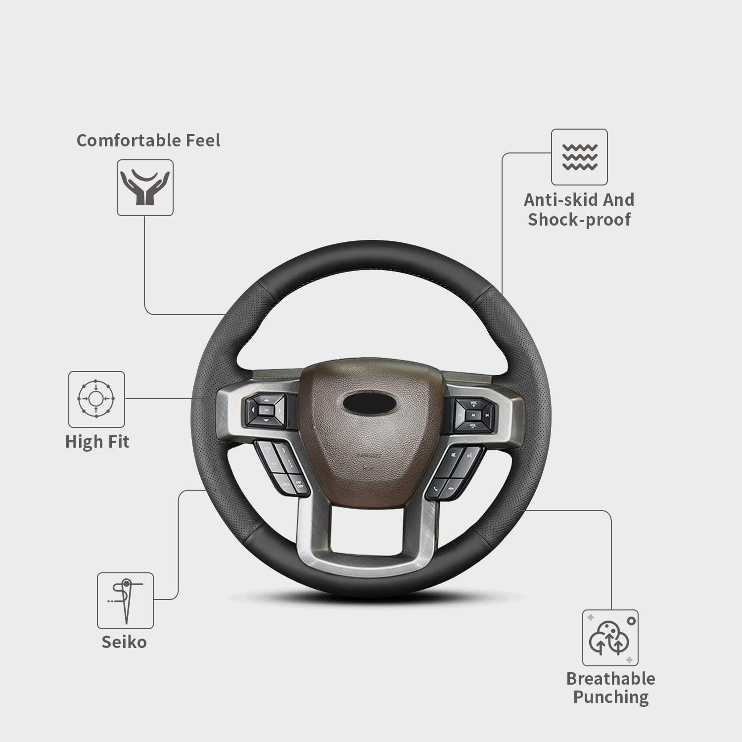 Hand Sewn Steering Wheel Cover,Fit for Ford F-150 2015-2020/F-250 F-350 F-450 F-550 2017-2021/F-600 2020-2021/F-650 F-750 2021,Non-Slip Breathable Microfiber Leather Steering Wheel Cover