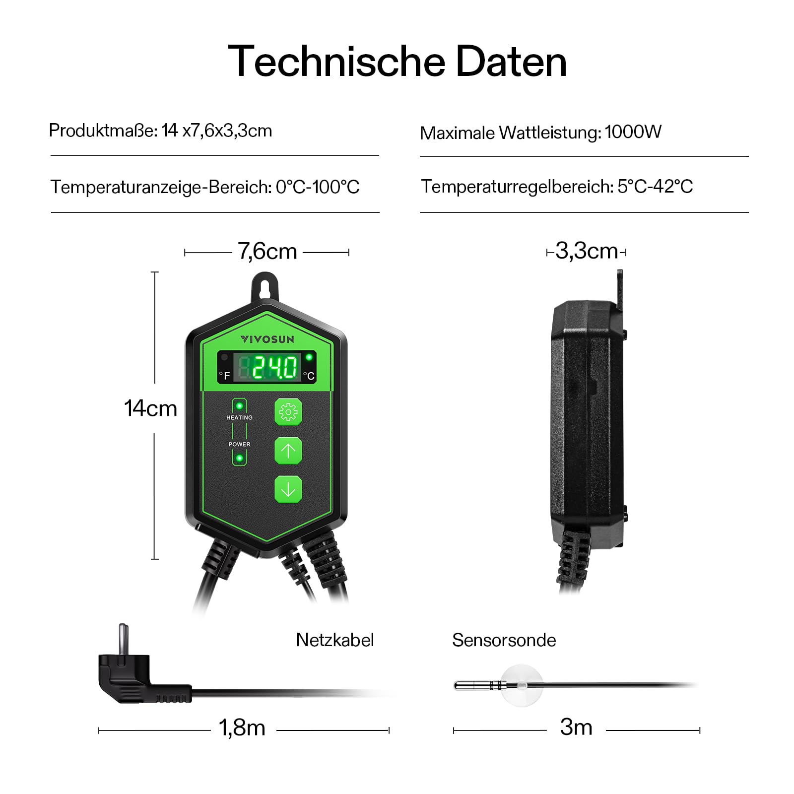 VIVOSUN Digitaler Heizmatten-Thermostat-Controller, 5-42°C, 1000W für Reptilien, Setzlinge, Keimung, Inkubation und Fermentation