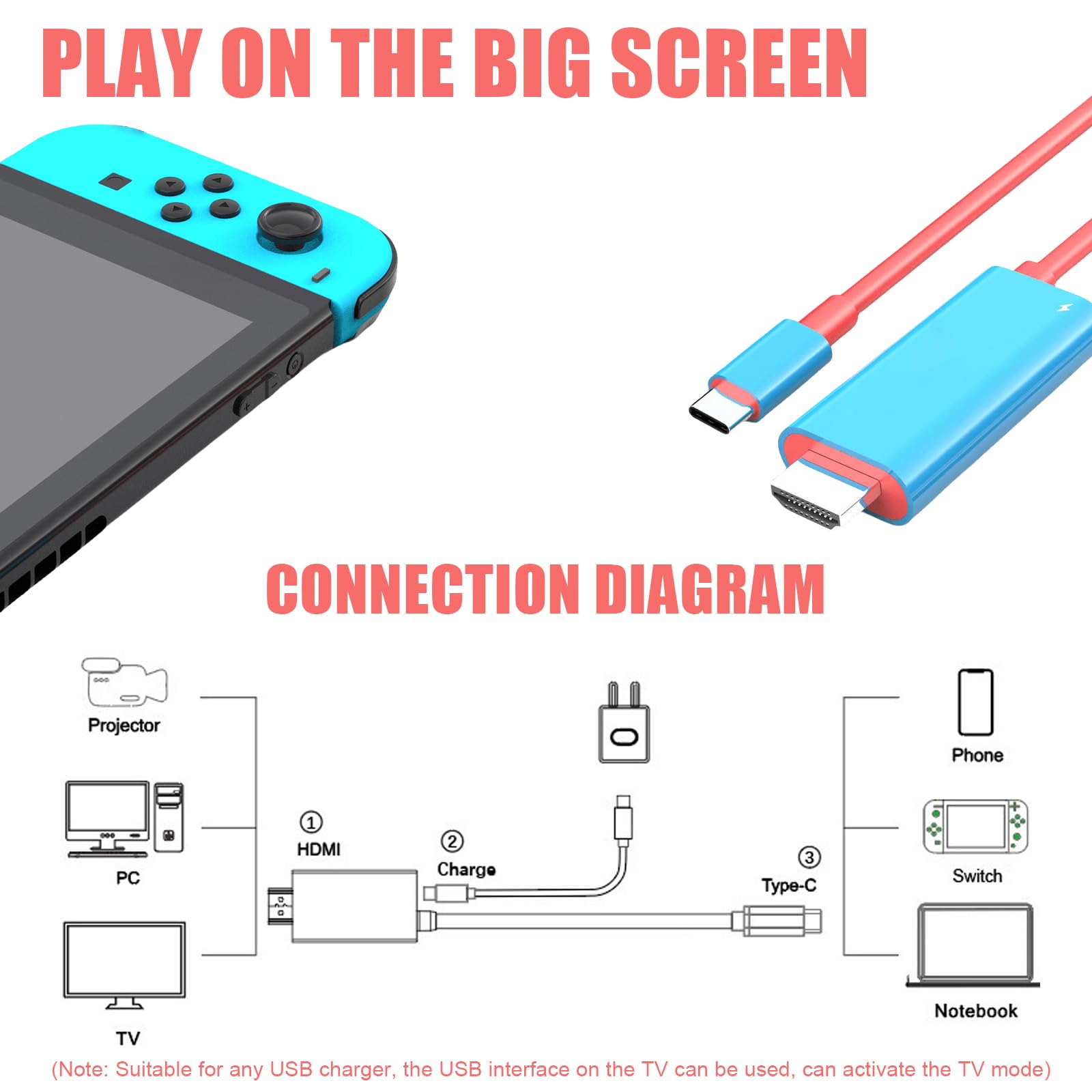 USB Typ C zu HDMI Konverterkabel, tragbar er HDMI-Adapter für NS-Standard/OLED-Modell, USB-C-auf-HDMI-Kabel kompatibel mit Nintendo Switch, für den TV Dock Modus auf Steam Deck, Smartphones, PC