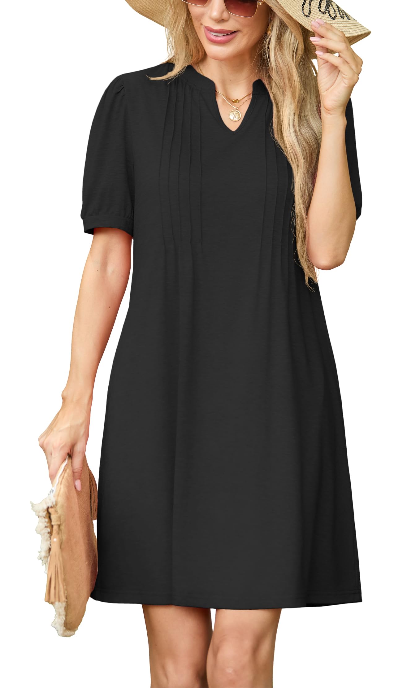 GRECERELLE Womens Dresses Summer Casual Short Sleeve V Neck Shift Dress for Women Ladies T Shirt Dress with Pockets