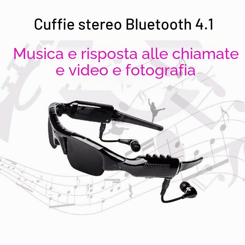 Occhiali da sole Bluetooth 5 m con scheda micro SD espandibile fino a 32 GB con MP3 + Bluetooth + fotocamera + funzioni video