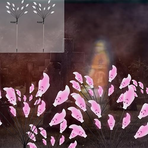 Fantasma rojo aterrador solar de Halloween para exteriores, 2 paquetes de 20 luces LED de fantasma rojo para decoración de exteriores, luces de