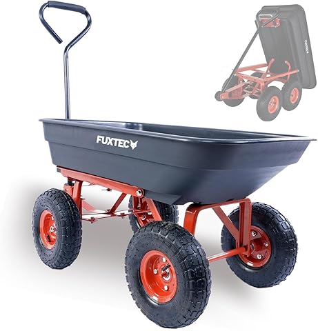 Carro de jardín basculante FUXTEC FX-KW2175, Capacidad de Carga 300 kg, Carretilla de Transporte, Carrito de Mano, Carga máxima 300 kg, Carga basculada máxima 150 kg, con 4 Grandes Ruedas neumáticas.