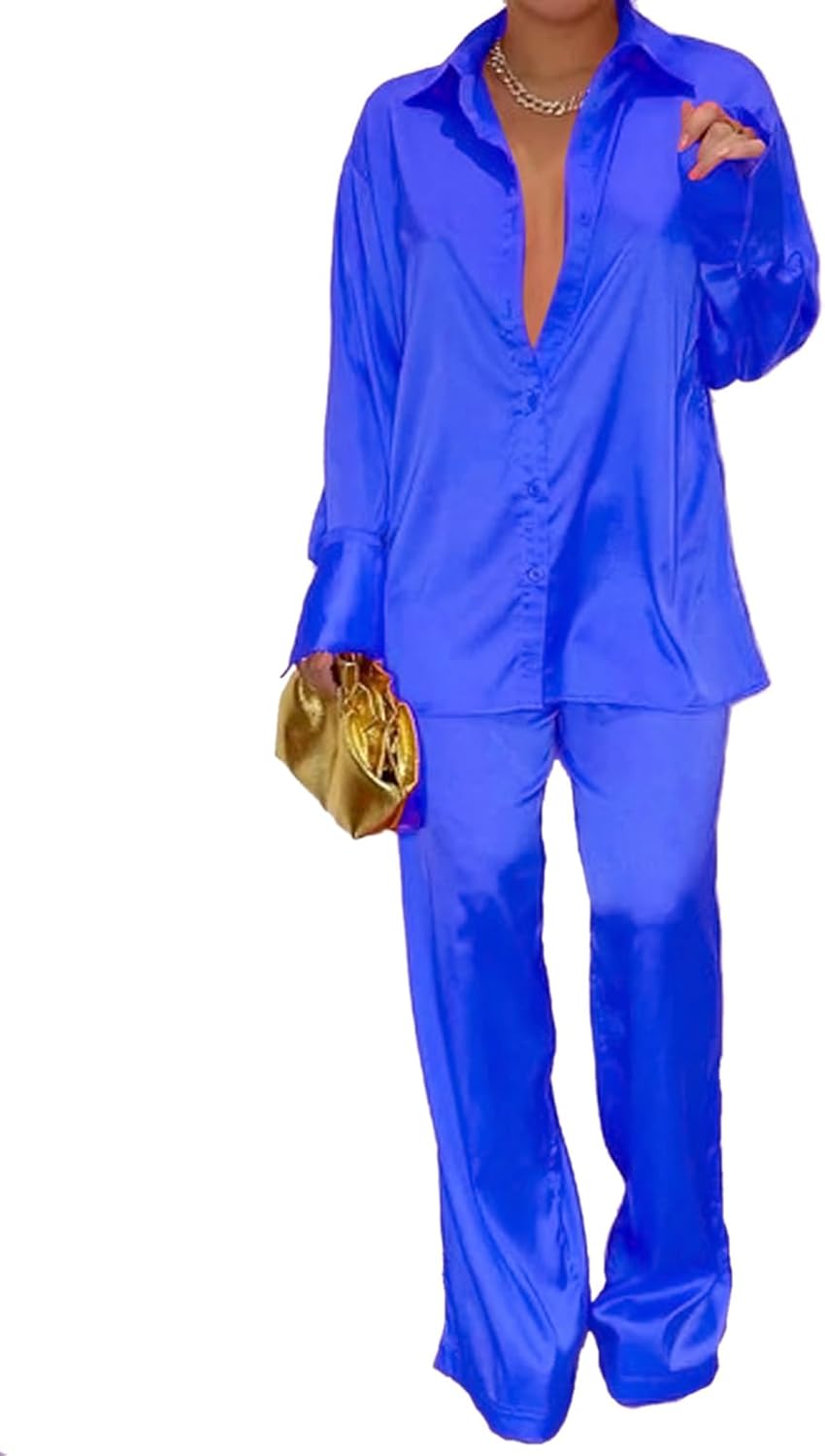 Womens Silk Satin 2 Piece Outfit Long Sleeve Lapel Button Down Tops Wide Leg Palazzo Loungewear Pajama Set - Image 3