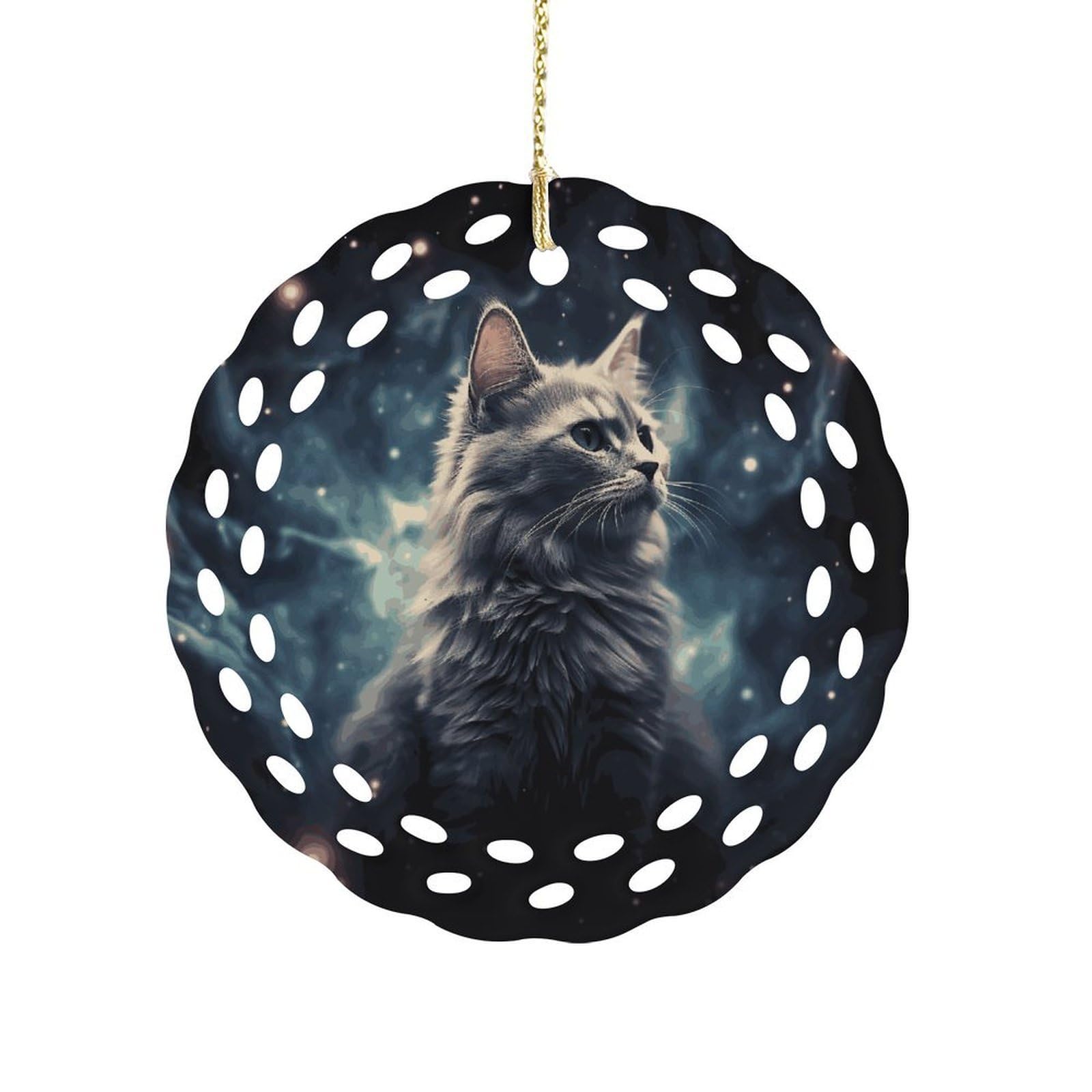 Btcowzrv Style A Cat In A Nebula Ceramic Ornament,Round Ornaments With Hole Easy To Hang,Hanging Ornament For Wedding Party Home Window Garden Christmas Day Decor