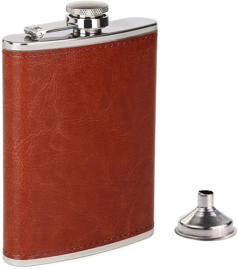 Menzy Stainless Steel and Stitched Leather Hip Flask 7 oz (210 Ml), Designer Wine Whiskey Vodka Alcohol Drinks Pocket Bottle with Funnel Set for Men Women - Alcoholic Beverages Holder Liquor Flasks