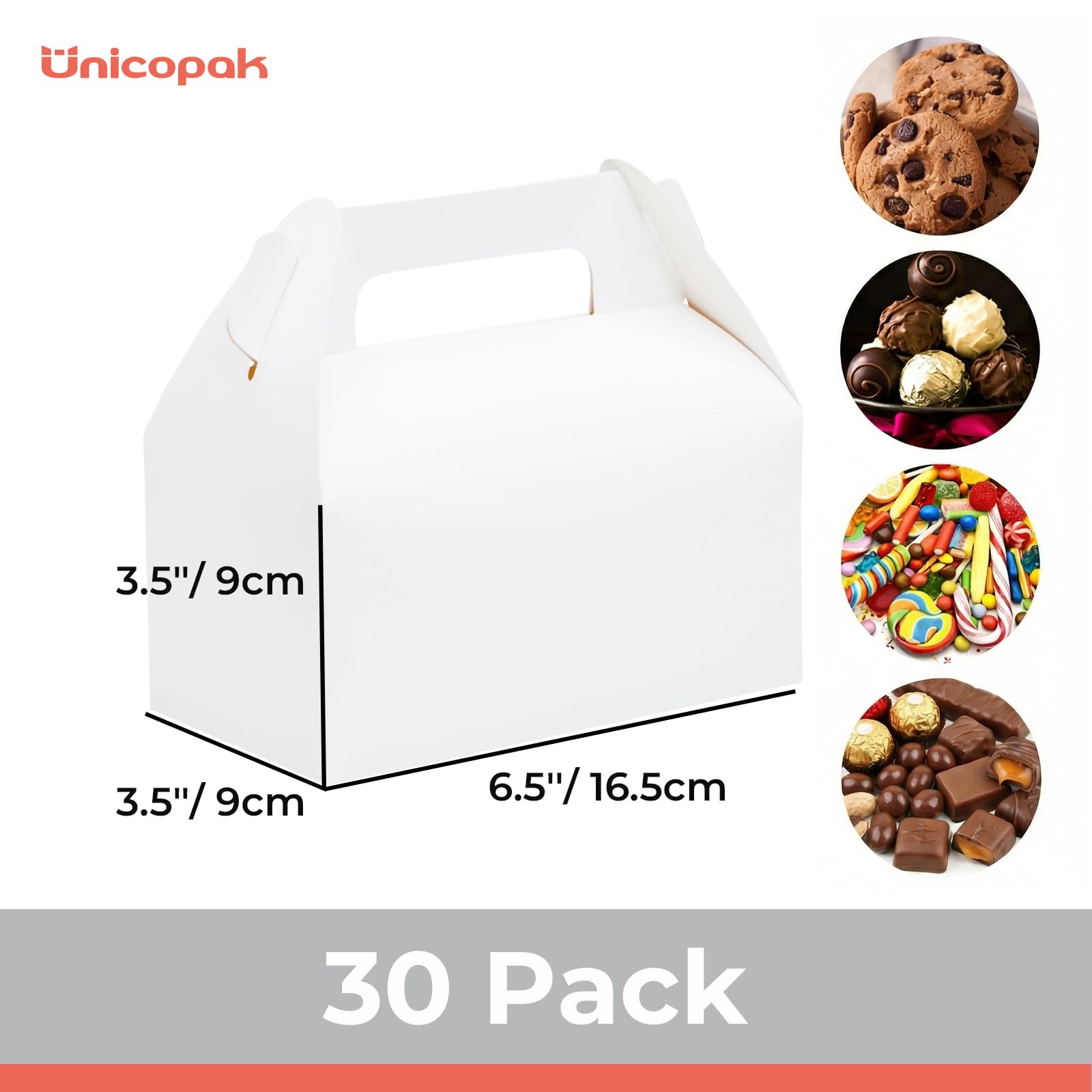 UnicoPak 30 Pack White Gable Treat Boxes Party Favor Boxes for Goodie Snacks Cookie Candy Toys Birthday Party Wedding Shower Holidays 6.5x3.5x4 Inches