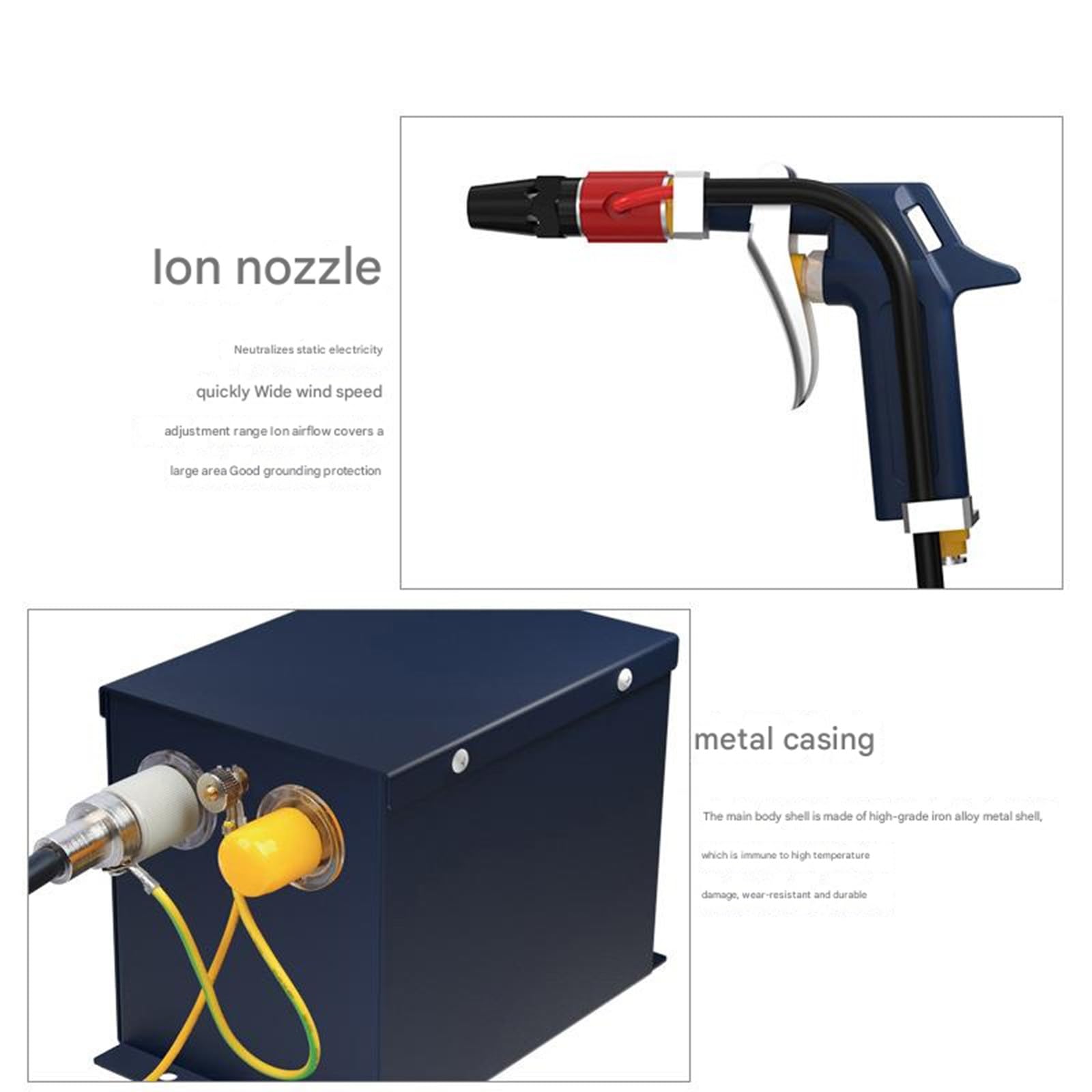 Generador de viento iónico, neutraliza rápidamente la electricidad estática, gran volumen de aire y amplia cobertura, carcasa de metal de aleación de hierro
