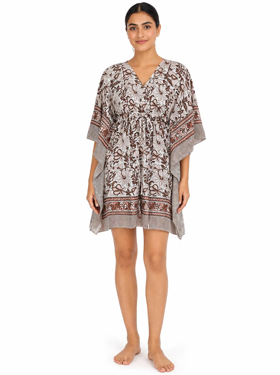 Hand Block Printed Pure Cotton Short Kaftan for Women, Free Size Relaxed Fit Maxi, Lounge, Nightwear, Beach Cover-Up, Handmade Ethnic Boho Kaftan Dress V-Neck-image-13