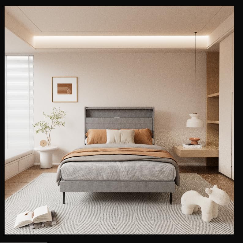 garvee full size bed frame, comfy upholstered platforms bed with led lights and charging station, modern full bed frame with wood slat support, no box spring needed, easy assembly, grey
